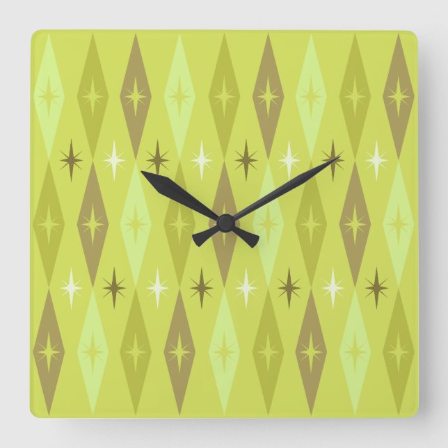 Karo-Stars-Chartreuse der 1950er Jahre Quadratische Wanduhr (Vorderseite)