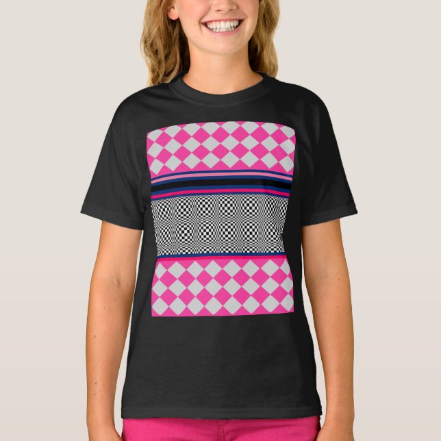 Karo Stripes Harlequin Mixed Pattern Design T-Shirt (Vorderseite)