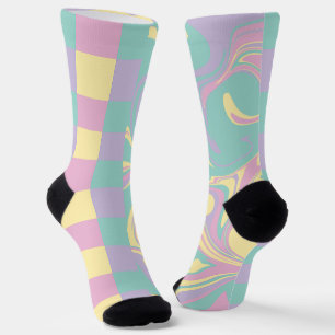 Karo & Wirbel Pastellfarben, gelb, Lila und grün Socken