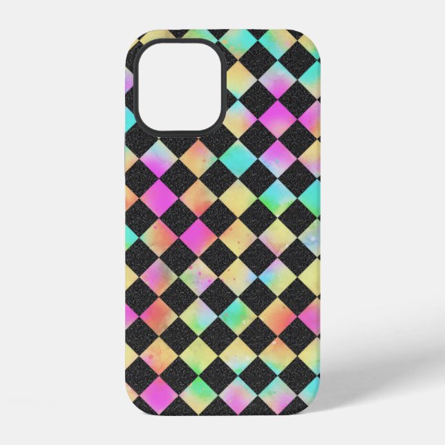Karomuster in hellen 80er-Farben iPhone 12 Hülle (Rückseite)