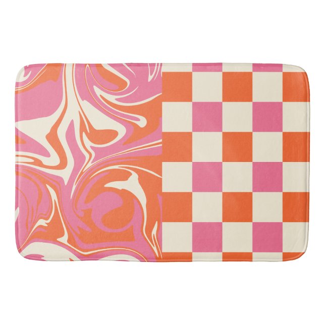 Karos und Wirbel - Rosa, Orange und Creme Badematte (Vorderseite)