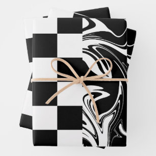 Karos und Wirbel - Schwarz und Weiß Geschenkpapier Set