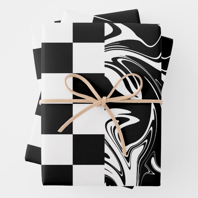 Karos und Wirbel - Schwarz und Weiß Geschenkpapier Set (Beispiel)