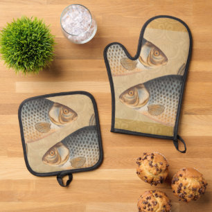 Karpfenfisch Fischmalerei Süßwasserzeichnung Ofenhandschuh & Topflappen-Set