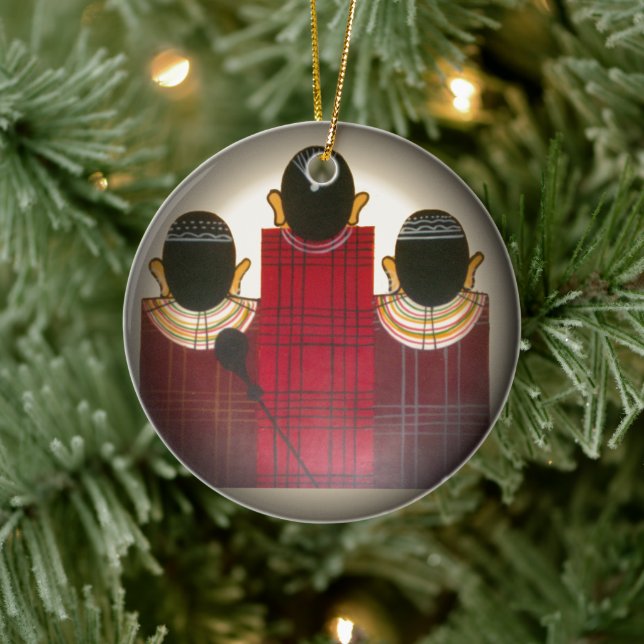 Karriertes Portrait der Masai-Familie Keramikornament (Baum)