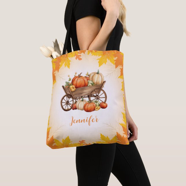 Kart von Pumpkins Fall Leaf Border Orange Hallowee Tasche (Von Nahem)