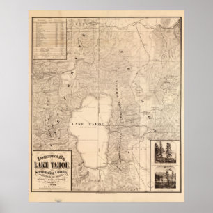 Karte 1874 von Lake- Tahoebereich Kalifornien u. Poster