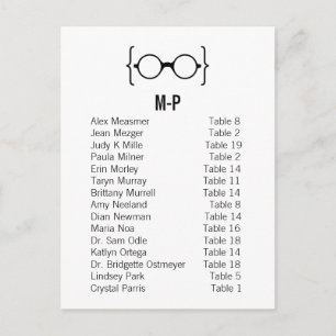 Karte 9B Geeky Glasses Seating Chart Postcard v1
