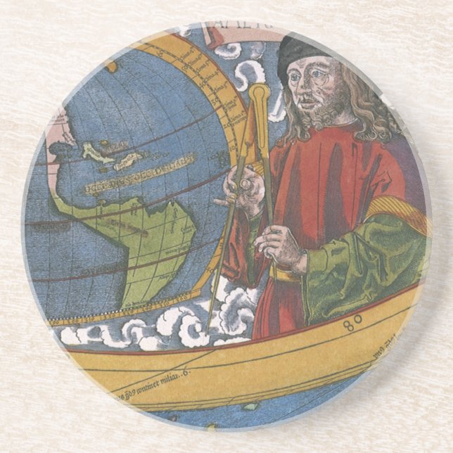 Karte Amerikas mit Explorer Amerigo Vespucci Sandstein Untersetzer (Vorne)