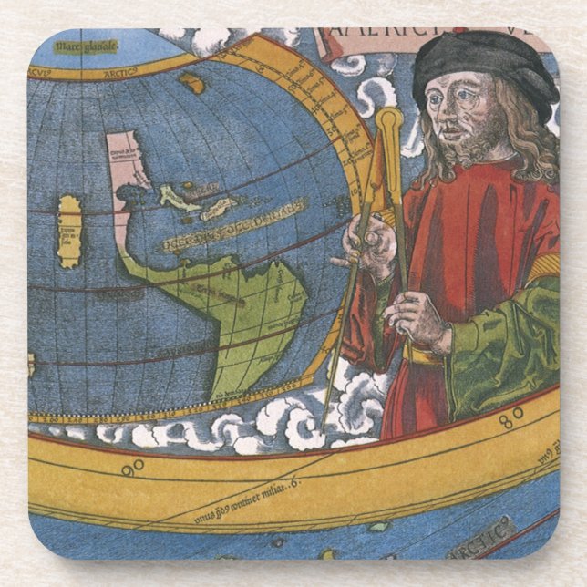 Karte Amerikas mit Explorer Amerigo Vespucci Untersetzer (Vorderseite)