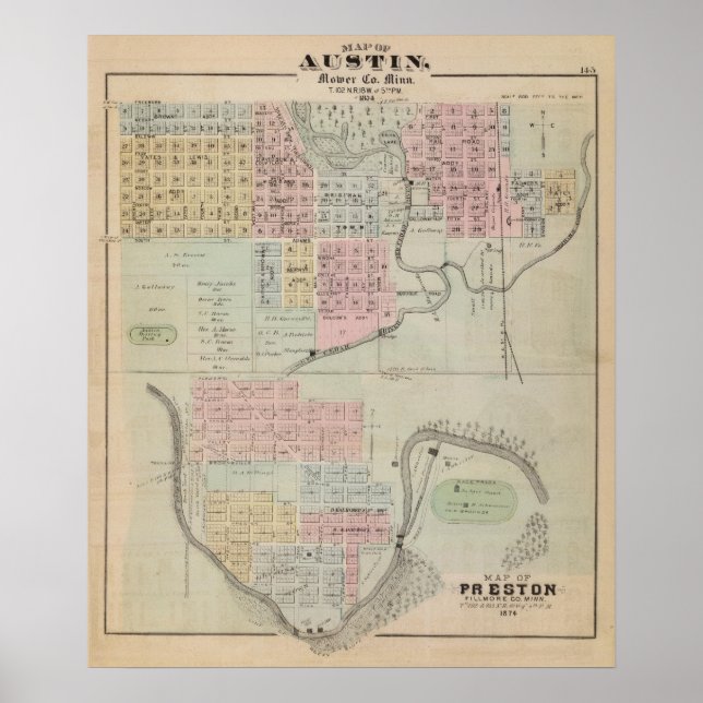 Karte Austin, Mäher Landkreis, Minnesota Poster (Vorne)