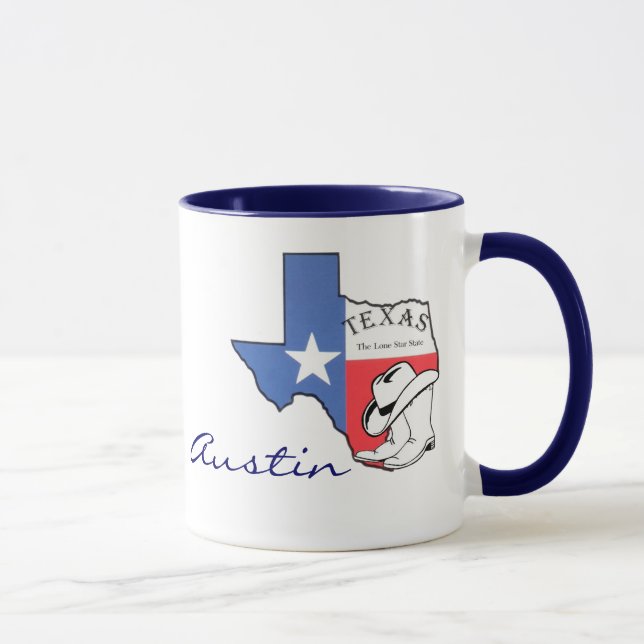 Karte Austins, Texas-Staat mit Stern, Stiefel, Tasse (Rechts)