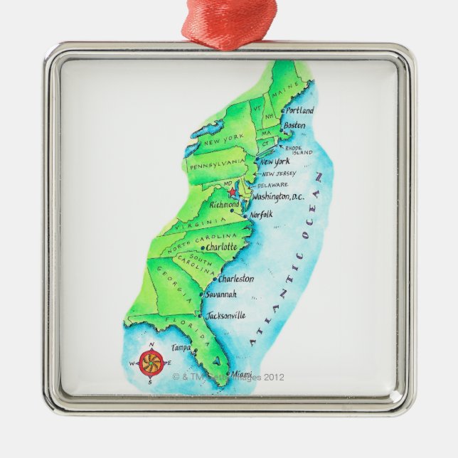 Karte der amerikanischen Ostküste Silbernes Ornament (Vorne)