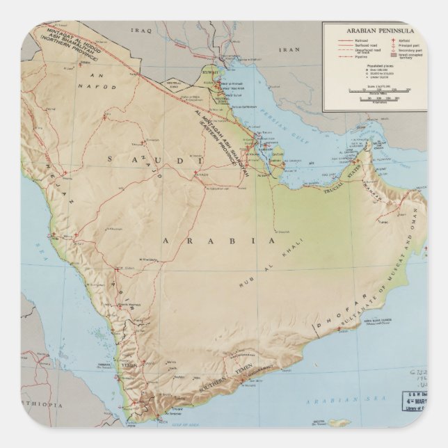 Karte der Arabischen Halbinsel (1969) Quadratischer Aufkleber (Vorderseite)