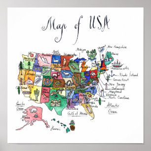 Karte der Attraktionen der USA Poster