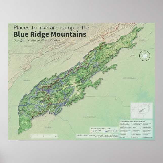 Karte der blauen Ridge-Gebirge im Süden Poster (Vorne)