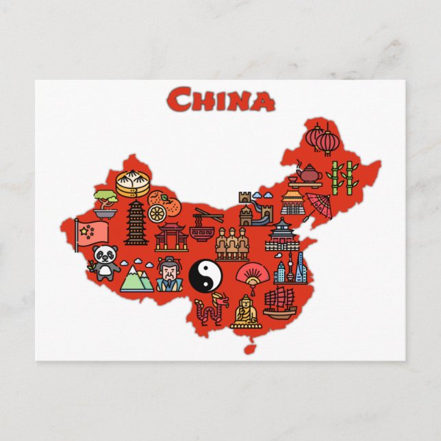 Karte der China mit Symbolen chinesischer Zielorte (Vorderseite)