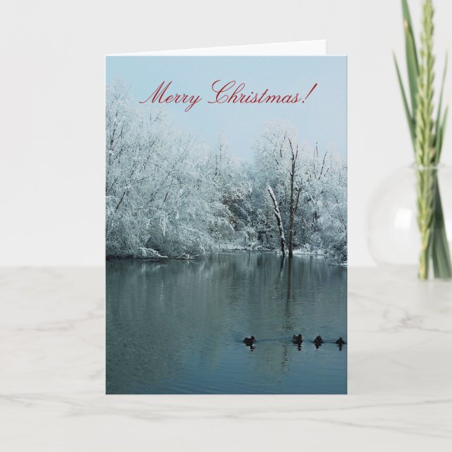 Karte der frohen Weihnachten mit Schnee, Teich und (Vorderseite)
