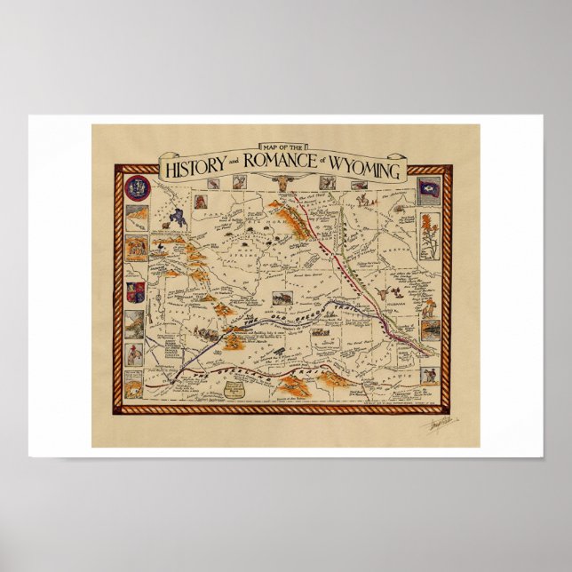 Karte der Geschichte und Romantik von Wyoming Poster (Vorne)