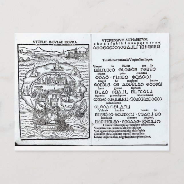 Karte der Insel Utopia mit ihrem Alphabet (Vorderseite)