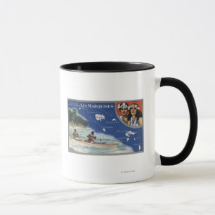 Karte der Inseln, Eingeborene in einem Kanu Tasse