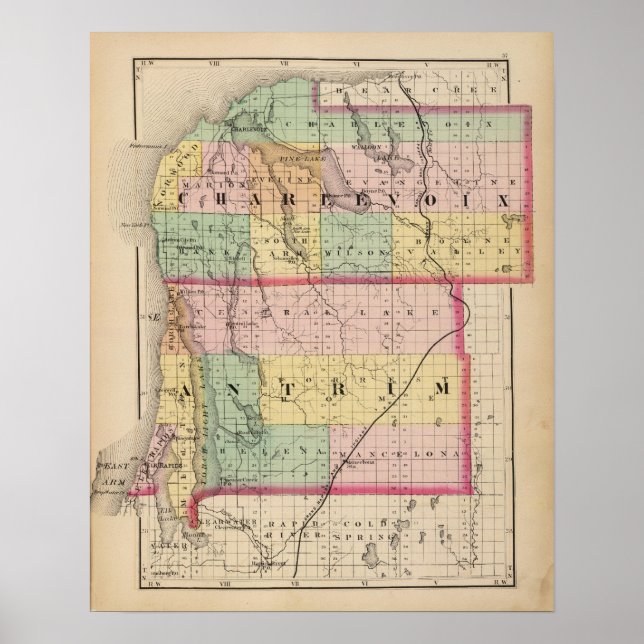 Karte der Landkreise Charlevoix und Antrim, Michig Poster (Vorne)