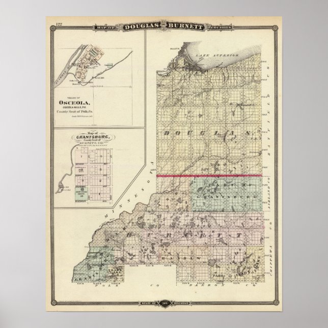 Karte der Landkreise Douglas und Burnett Poster (Vorne)