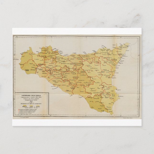 Karte der Mafia-Tätigkeit in Sizilien Italien 1900 (Vorderseite)