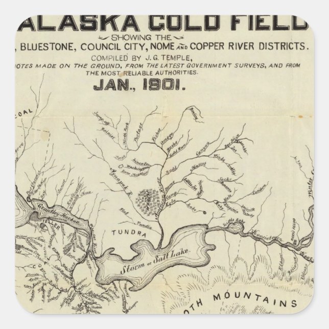 Karte der neuen Alaska-Goldfelder Quadratischer Aufkleber (Vorderseite)