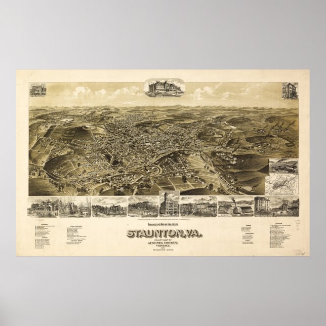 Karte der Stadt Staunton, Virginia (1891) Poster (Vorne)