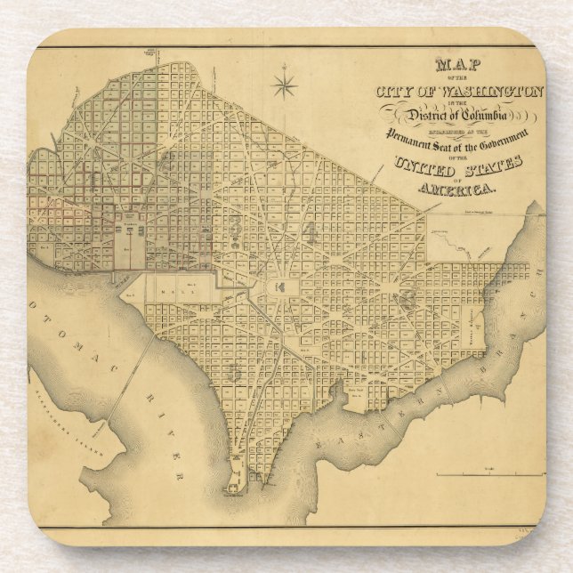 Karte der Stadt Washington DCs (1839) Getränkeuntersetzer (Vorderseite)