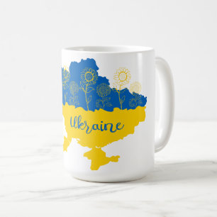 Karte der Ukraine mit Sonnenblume und ukrainischer Kaffeetasse