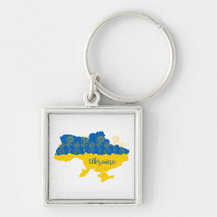 Karte der Ukraine mit Sonnenblume und ukrainischer Schlüsselanhänger