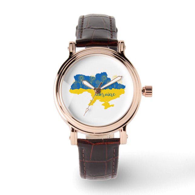 Karte der Ukraine mit Sonnenblumen und ukrainische Armbanduhr (Vorderseite)