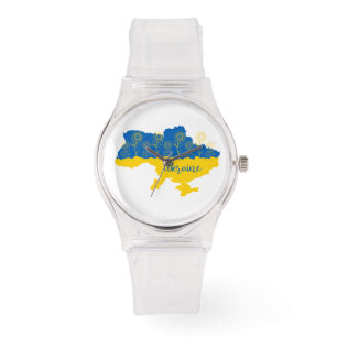 Karte der Ukraine mit Sonnenblumen und ukrainische Armbanduhr