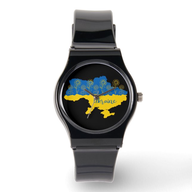 Karte der Ukraine mit Sonnenblumen und ukrainische Armbanduhr (Vorderseite)