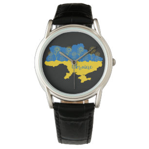 Karte der Ukraine mit Sonnenblumen und ukrainische Armbanduhr