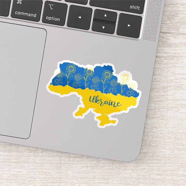 Karte der Ukraine mit Sonnenblumen und ukrainische Aufkleber (Detail)