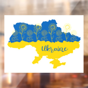 Karte der Ukraine mit Sonnenblumen und ukrainische Fensteraufkleber