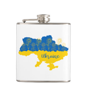 Karte der Ukraine mit Sonnenblumen und ukrainische Flachmann