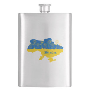 Karte der Ukraine mit Sonnenblumen und ukrainische Flachmann