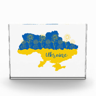 Karte der Ukraine mit Sonnenblumen und ukrainische Fotoblock