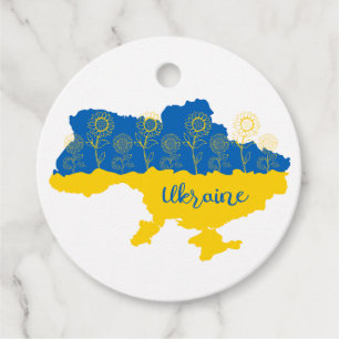 Karte der Ukraine mit Sonnenblumen und ukrainische Geschenkanhänger