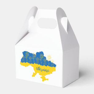 Karte der Ukraine mit Sonnenblumen und ukrainische Geschenkschachtel