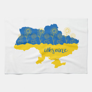 Karte der Ukraine mit Sonnenblumen und ukrainische Geschirrtuch