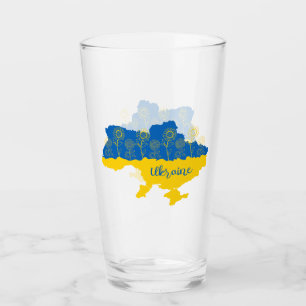 Karte der Ukraine mit Sonnenblumen und ukrainische Glas