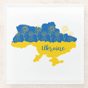 Karte der Ukraine mit Sonnenblumen und ukrainische Glasuntersetzer