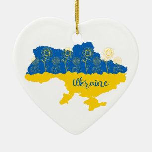 Karte der Ukraine mit Sonnenblumen und ukrainische Keramik Ornament