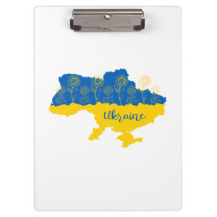 Karte der Ukraine mit Sonnenblumen und ukrainische Klemmbrett
