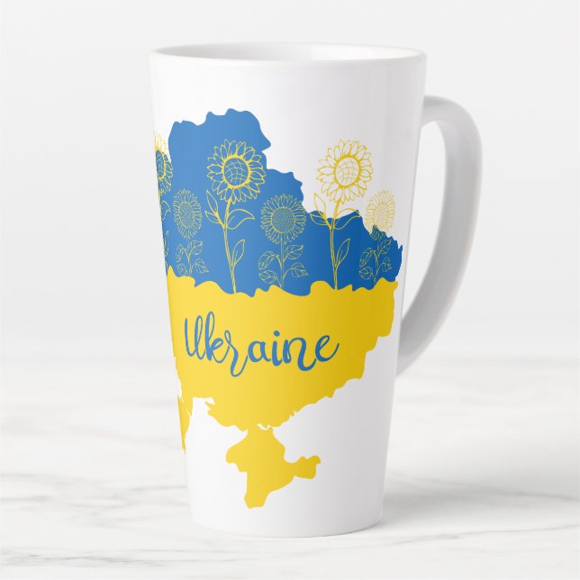 Karte der Ukraine mit Sonnenblumen und ukrainische Milchtasse (Rechte Ecke)